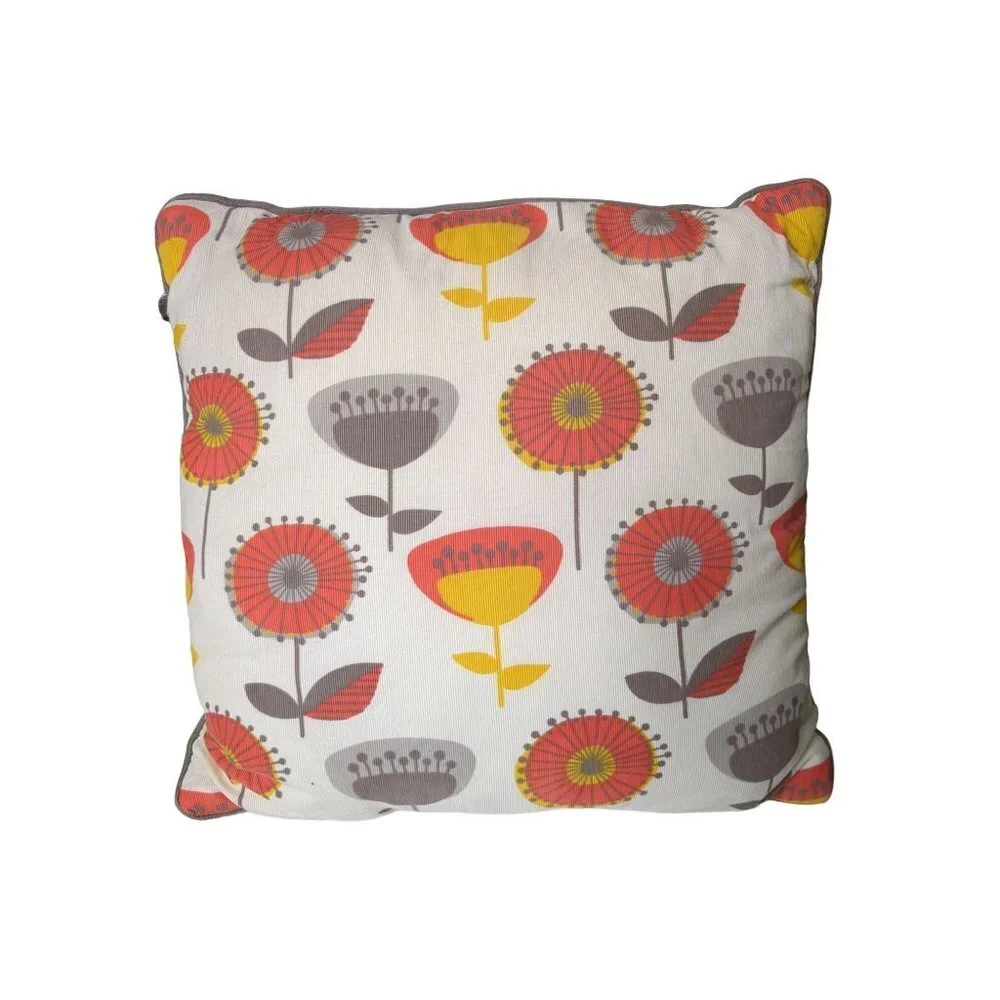 Pier 1 Throw Pillow Retro Floral Gray Orange Yellow Square 15 Inch